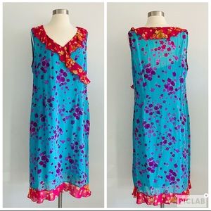 JOHNNY WAS Silk Turquoise Floral Cocktail Dress with Fuchsia & Coral accents